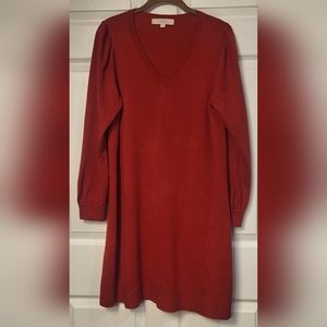 Loft Red Knit Long Puff Sleeve Button Cuff V-neck Dress Size Large